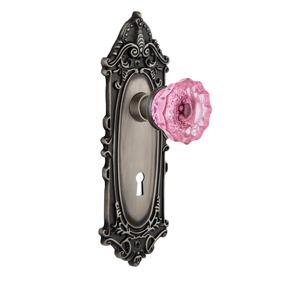 Nostalgic Warehouse VICCRP Colored Crystal Victorian Plate Interior Mortise Crystal Pink Glass Door Knob in Antique Pewter
